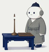 插画：机器人衙役站在矮案旁，案上放着一架天平（一边是手机，一边是砝码）和一把算盘